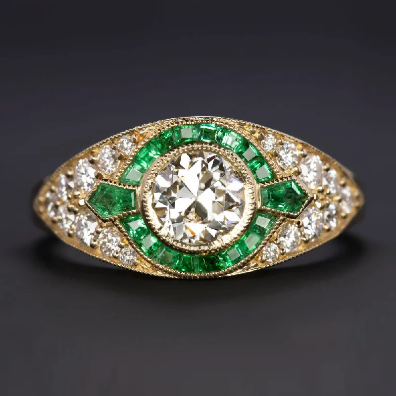 Ladies Engagement Rings Two Tone-DIAMOND EMERALD ENGAGEMENT RING OLD EUROPEAN CUT VINTAGE STYLE HALO YELLOW GOLD