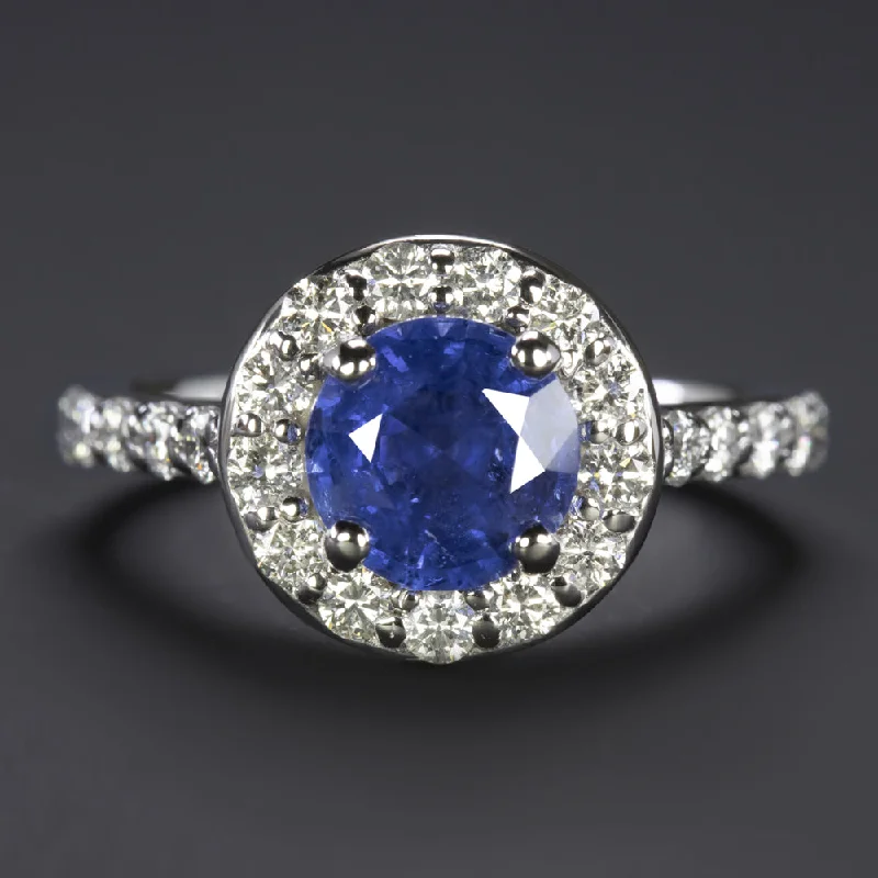 Ladies Engagement Rings Bezel Setting-CEYLON SAPPHIRE DIAMOND HALO RING ENGAGEMENT NATURAL ROUND 14k WHITE GOLD BLUE