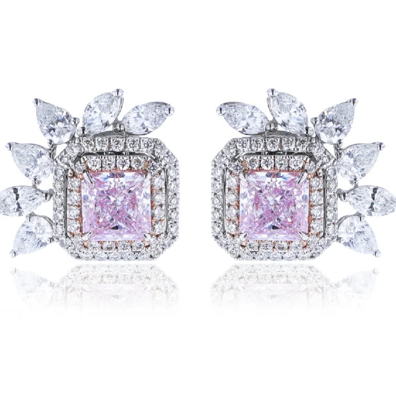 Ladies Earrings Matte Finish-JULEVE 18K GOLD 2.51CTW PINK DIAMOND & 2.09CTW DIAMOND EARRINGS