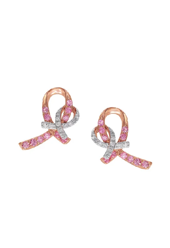 Ladies Earrings Geometric Shape-14K Rose Gold Pink Sapphire and Diamond Breast Cancer Awareness Ribbon Earrings, 0.54 TCW