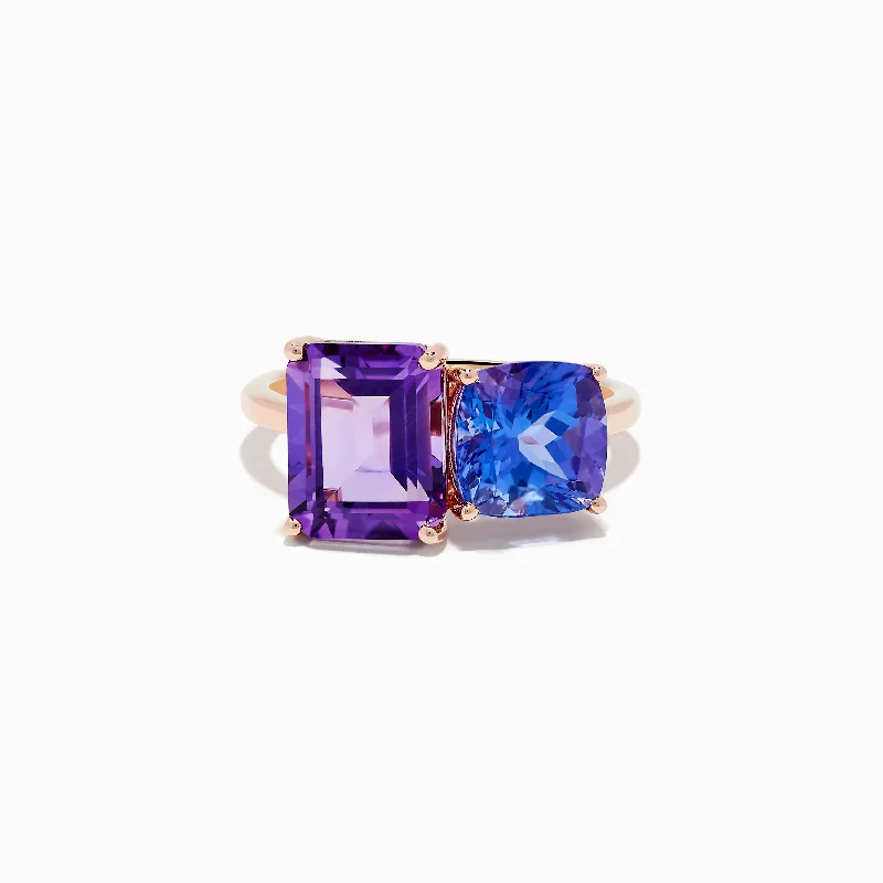 Ladies Rings with Euclase-14k Rose Gold Amethyst and Tanzanite Toi Et Moi Ring