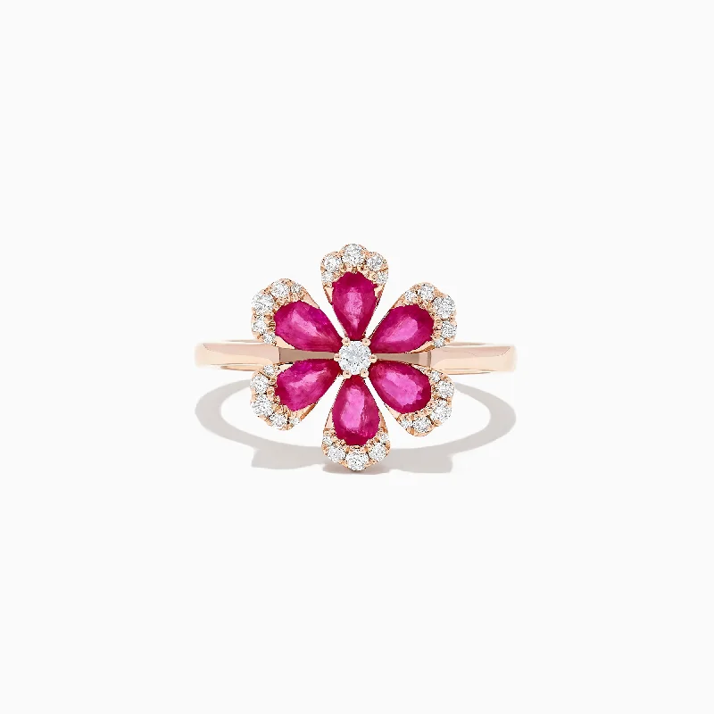 Ladies Rings with Agate-Nature 14K Rose Gold Ruby and Diamond Flower Ring, 1.76 TCW