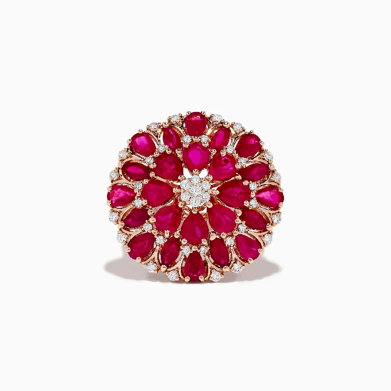 Ladies Rings Braided Design-14K Yellow Gold Ruby and Diamond Flower Cocktail Ring