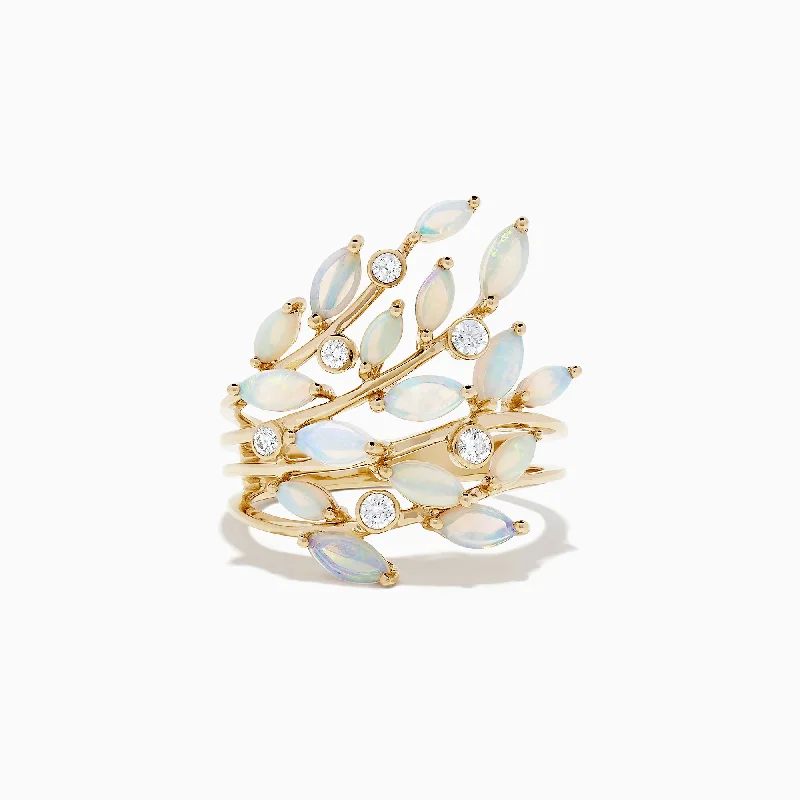 Ladies Rings with Enstatite-Aurora 14K Yellow Gold Opal and Diamond Filagree Leaf Ring, 1.81 TCW