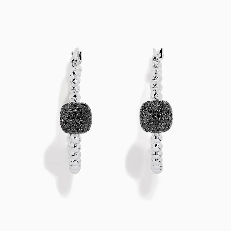 Ladies Earrings with Natrolite-925 Sterling Silver Black Diamond Hoop Earrings, 0.25 TCW