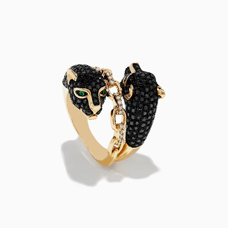 Ladies Rings for Holidays-Signature 14K Gold Emerald, Black & White Diamond Panther Ring