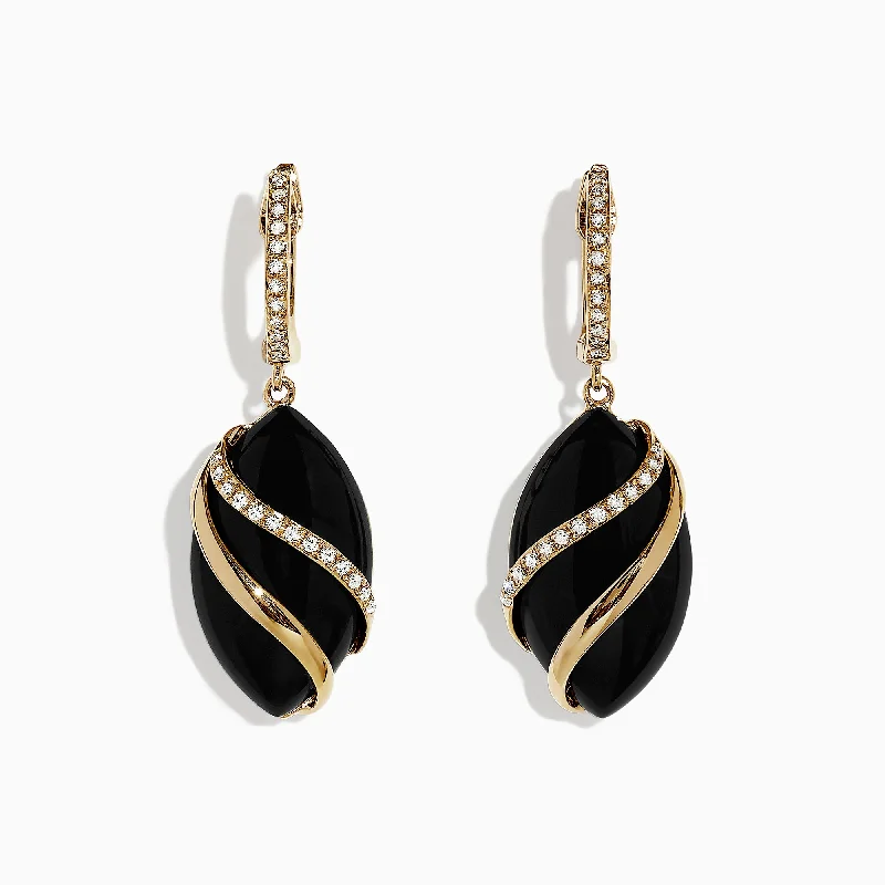 Ladies Earrings for Artists-Eclipse 14K Yellow Gold Onyx and Diamond Drop Earrings, 11.53 TCW