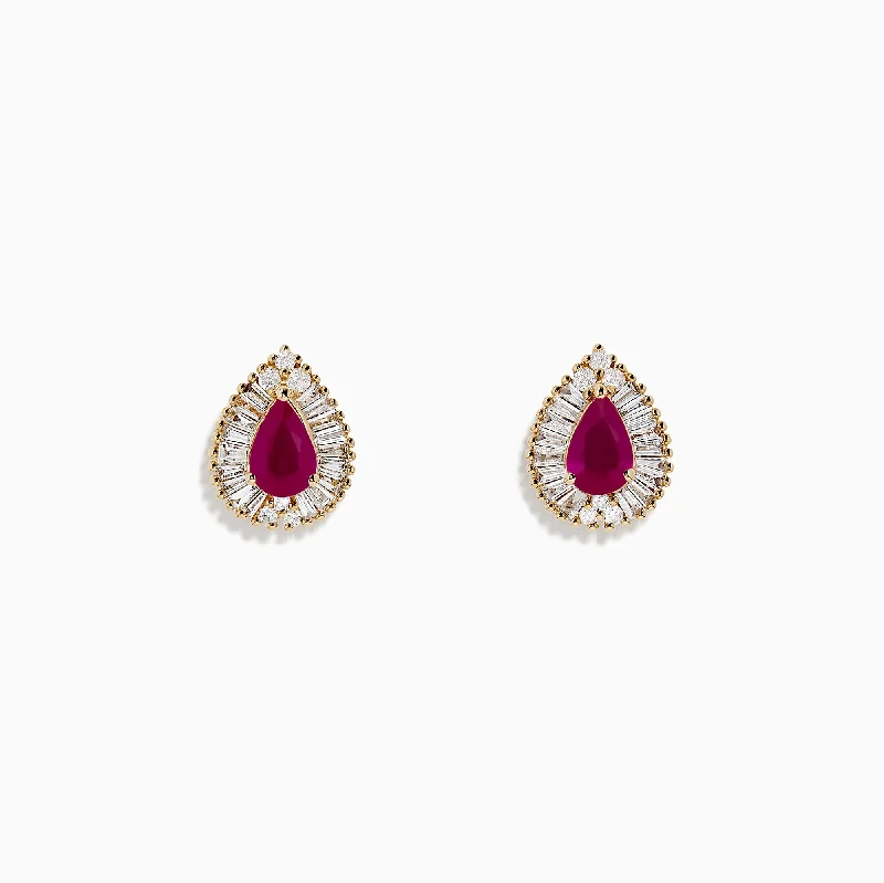 Ladies Earrings for Work-Ruby Royale 14K Yellow Gold Pear Shaped Ruby and Diamond Stud Earrings, 1.36 TCW