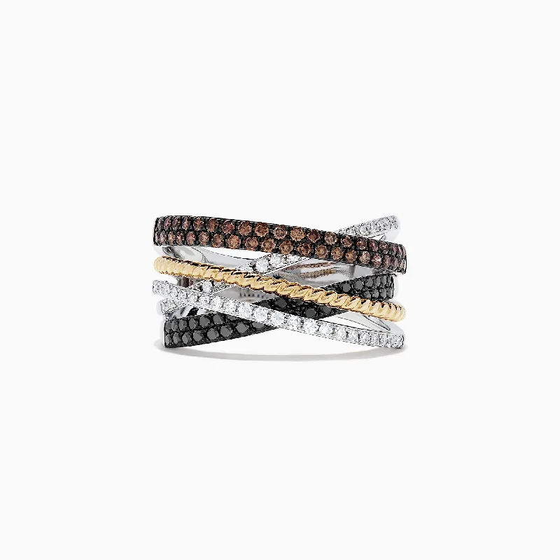 Ladies Rings with Howlite-14K Tri-Color Gold Black, Brown and White Diamond Ring, 0.38 TCW