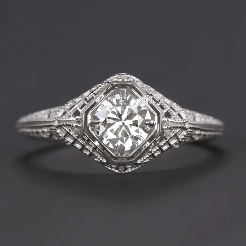 Ladies Engagement Rings with Danburite-VINTAGE STYLE DIAMOND ENGAGEMENT RING 0.51ct ROUND 14k WHITE GOLD FILIGREE 1/3ct