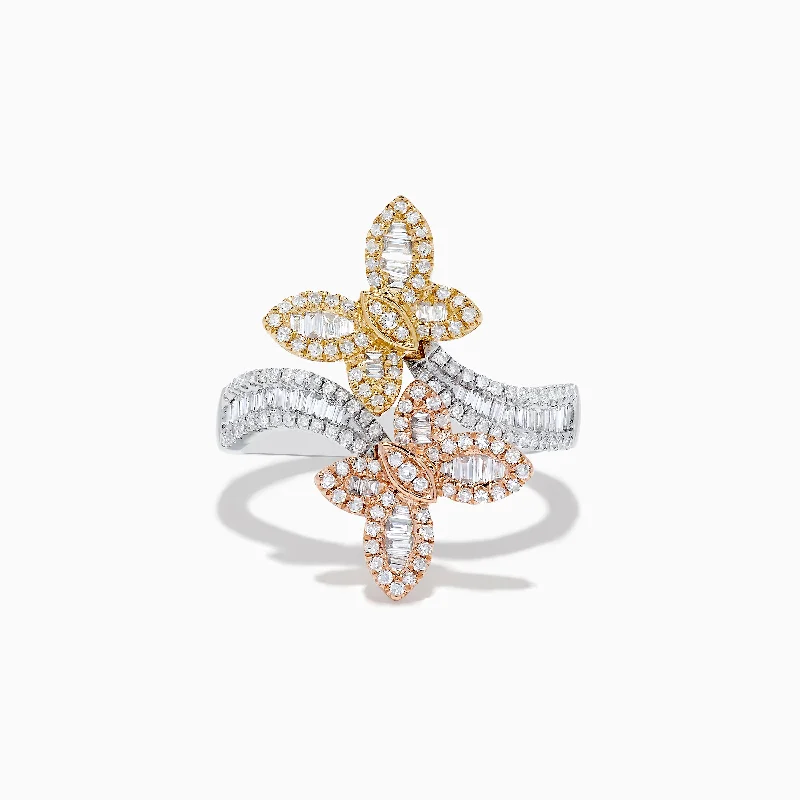 Ladies Rings for Party-Trio 14K Three-Tone Gold Diamond Double Butterfly Ring