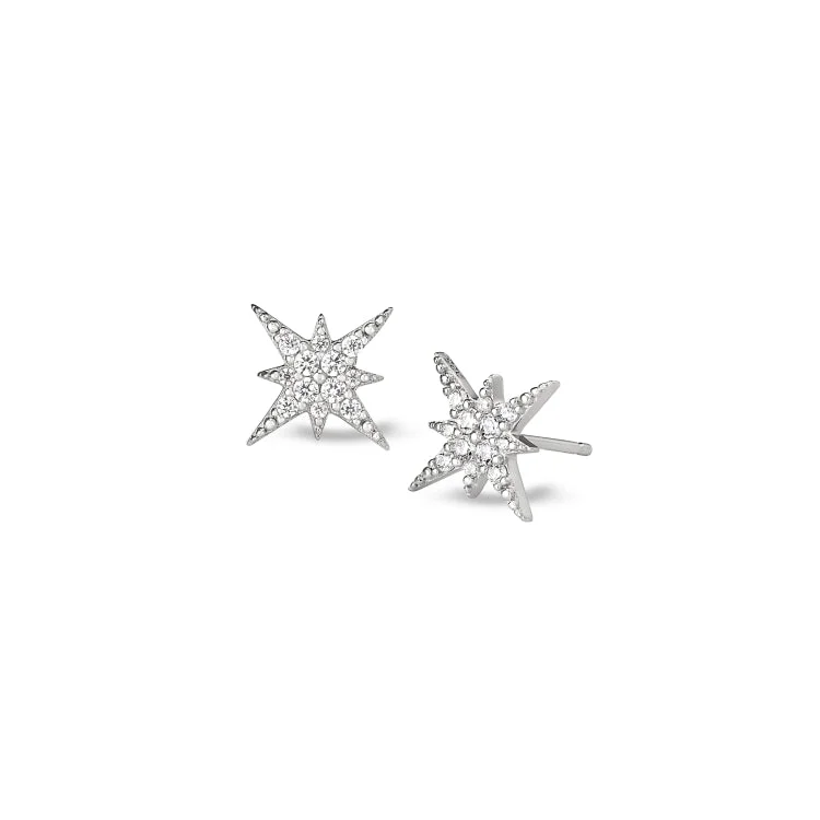 Ladies Earrings with Zincite-Platinum Finish Sterling Silver Micropave Starburst Earrings with Simulated Diamonds