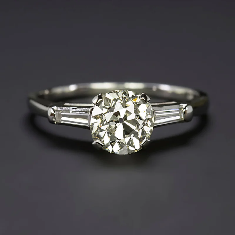 Ladies Engagement Rings Abstract Design-1.5 CARAT OLD MINE CUT DIAMOND ENGAGEMENT RING M VS1 PLATINUM BAGUETTE 3 STONE