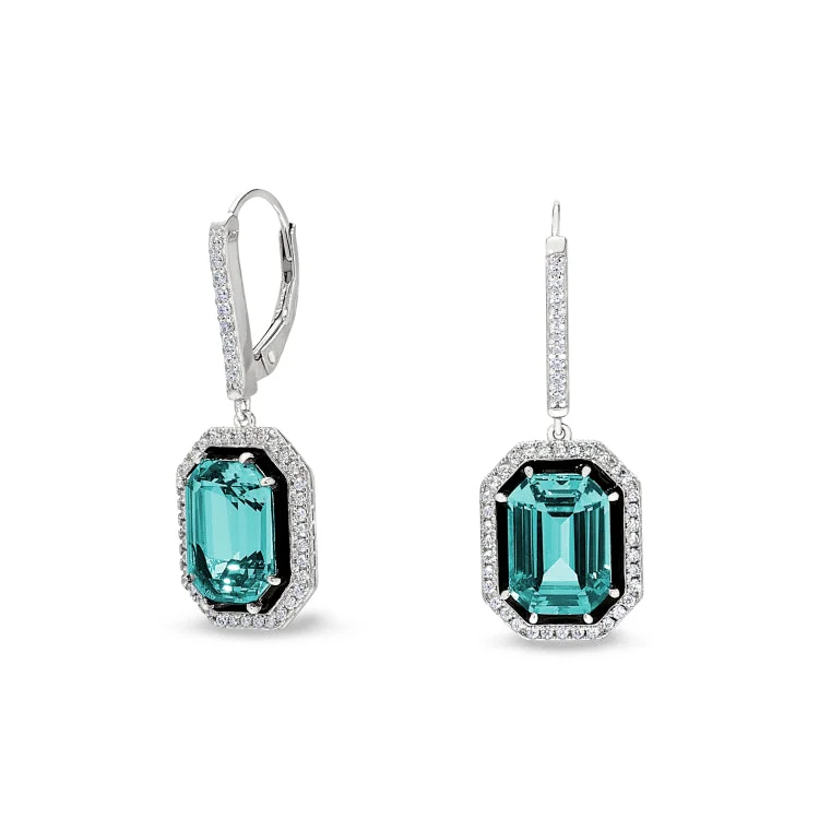 Ladies Earrings with Charoite-Platinum Finish Sterling Silver Micropave Black Enamel & Aqua Spinel Octagon Earrings with Simulated Diamonds