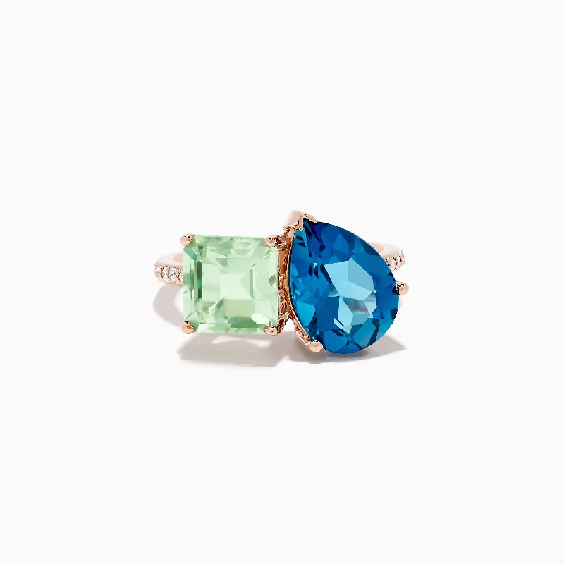 Ladies Rings with Birthstone-14K Gold Diamond, Green Amethyst, and London Blue Topaz Toi Et Moi Ring