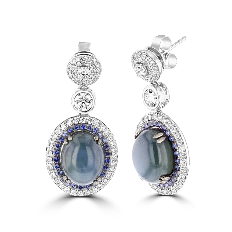 Ladies Earrings Modern Art-JULEVE 13.96CT SAPPHIRE & DIAMOND HALO EARRINGS