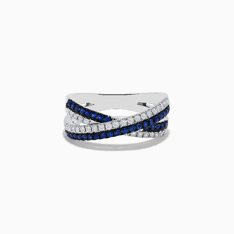 Ladies Rings with Gemstones-Royale Bleu 14K White Gold Blue Sapphire and Diamond Crossover Ring