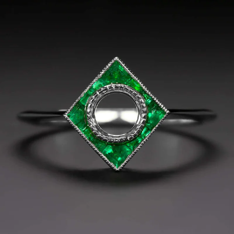 Ladies Engagement Rings with Clinozoisite-EMERALD 5mm ROUND ENGAGEMENT RING SETTING MOUNT VINTAGE STYLE ART DECO CALIBRE