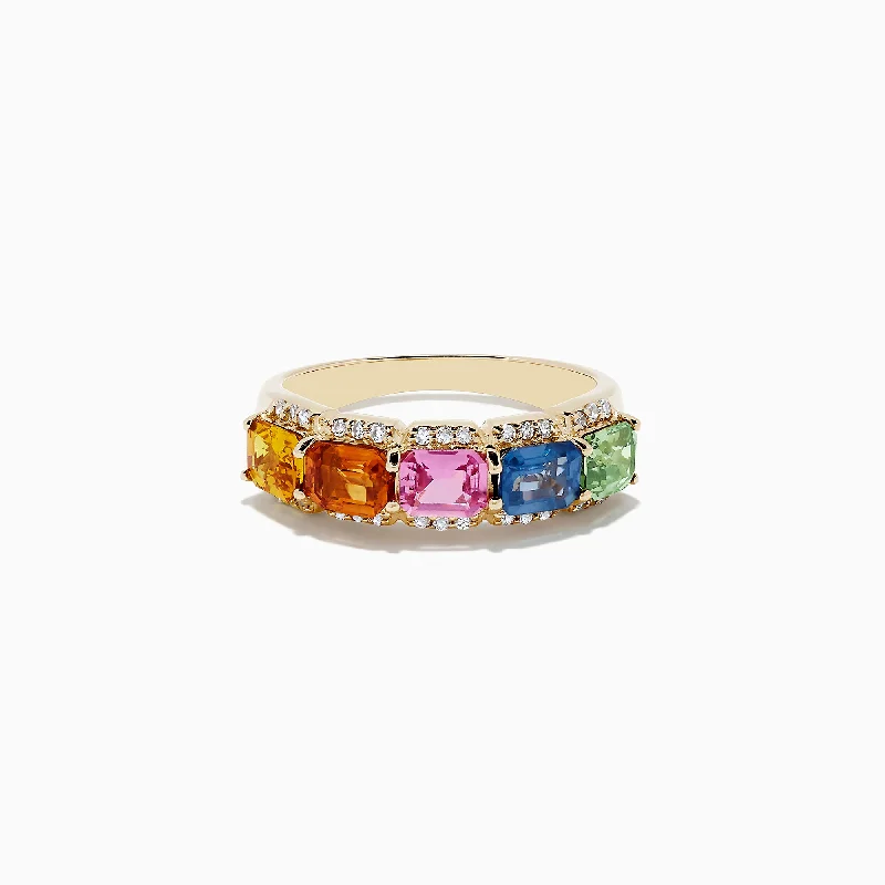 Ladies Rings with Richterite-Watercolors 14K Yellow Gold Multi Sapphire and Diamond Ring, 2.59 TCW