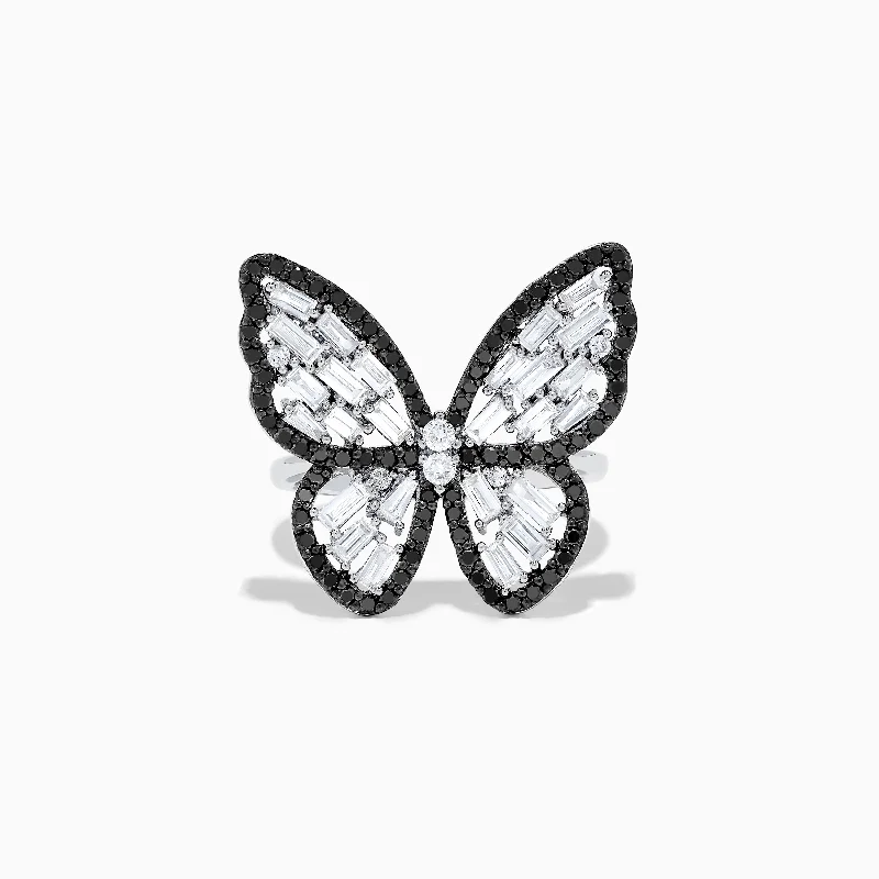 Ladies Rings Classic Look-Nature 14K White Gold Black and White Diamond Butterfly Ring