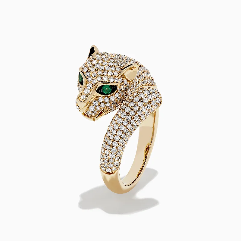 Ladies Rings with Spinel-Signature 14K Yellow Gold Diamond and Emerald Panther Ring, 1.43 TCW