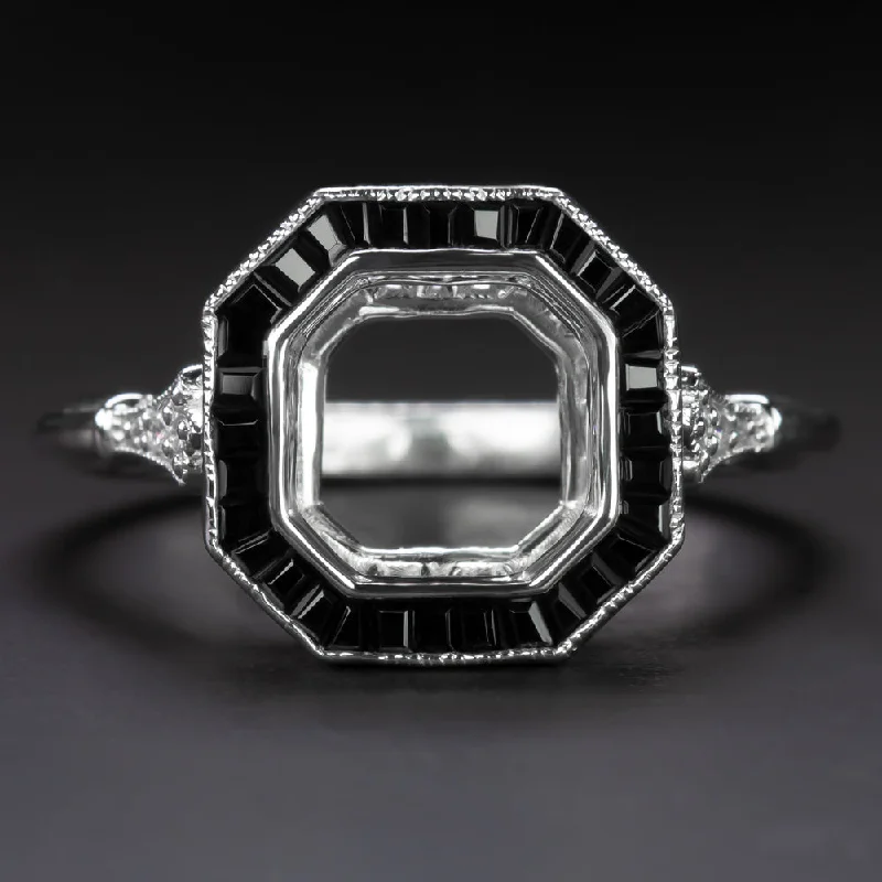 Ladies Engagement Rings Lock Shape-VINTAGE STYLE ONYX DIAMOND ENGAGEMENT RING SETTING ASSCHER RADIANT 7.5M ART DECO