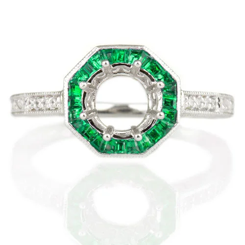 Ladies Engagement Rings with Variscite-VINTAGE GREEN EMERALD HALO DIAMOND SEMI-MOUNT ENGAGEMENT RING ROUND SETTING 14K