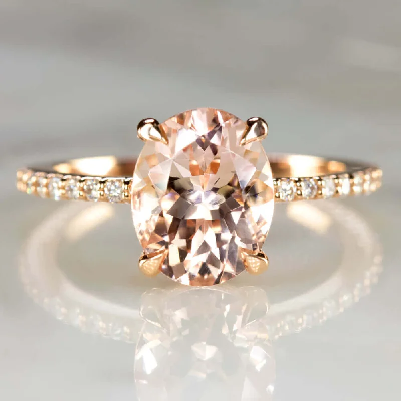 Ladies Engagement Rings with Hemimorphite-2.3c MORGANITE ENGAGEMENT RING DIAMOND PAVE BAND OVAL CUT ROSE GOLD PINK CLASSIC