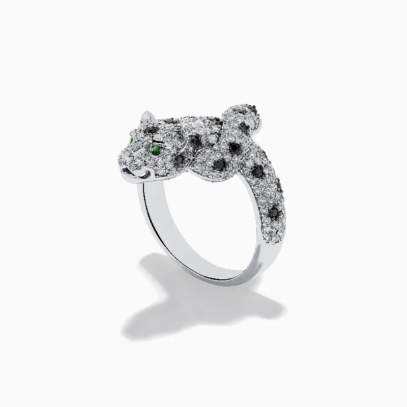 Ladies Rings Stacking Style-14K White Gold Emerald, White and Black Diamond Panther Ring