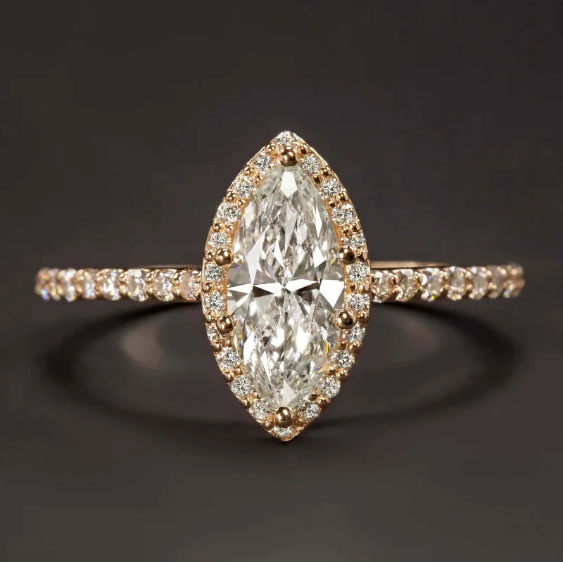 Ladies Engagement Rings with Sphalerite-1 CARAT G SI2 MARQUISE CUT DIAMOND ENGAGEMENT RING ROSE GOLD HALO PAVE BAND 1ct