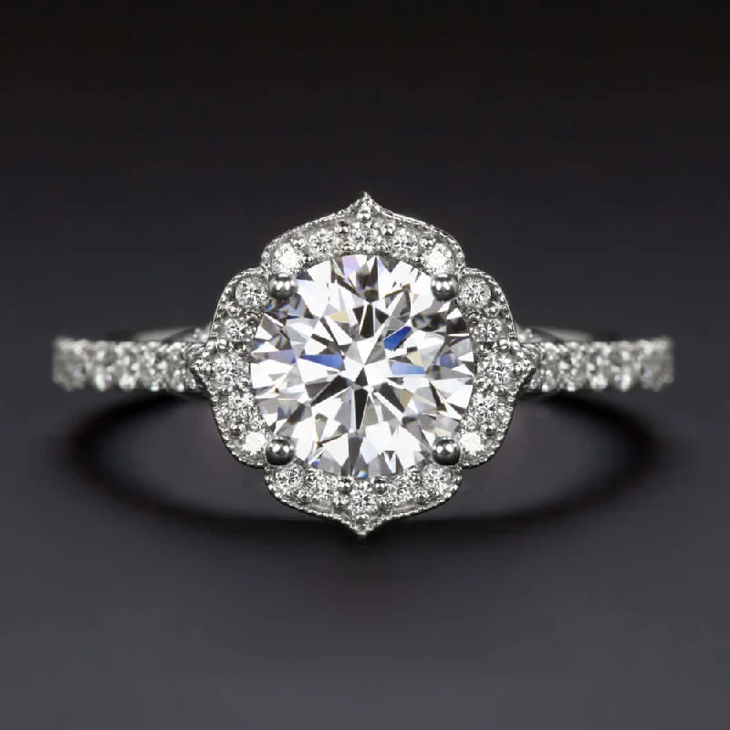 Ladies Engagement Rings Artisan Style-1.5 CARAT LAB CREATED DIAMOND ENGAGEMENT RING VINTAGE STYLE HALO 14k WHITE GOLD