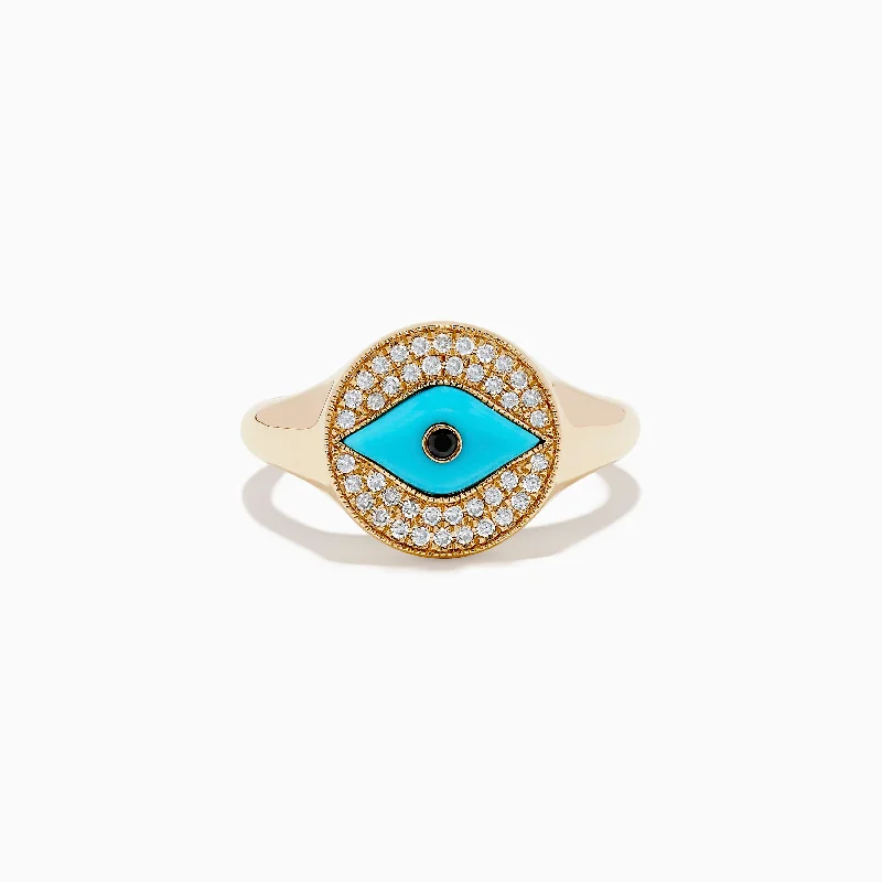 Ladies Rings Diamond Solitaire-Terra 14K Yellow Gold Turquoise and Diamond Evil Eye Ring