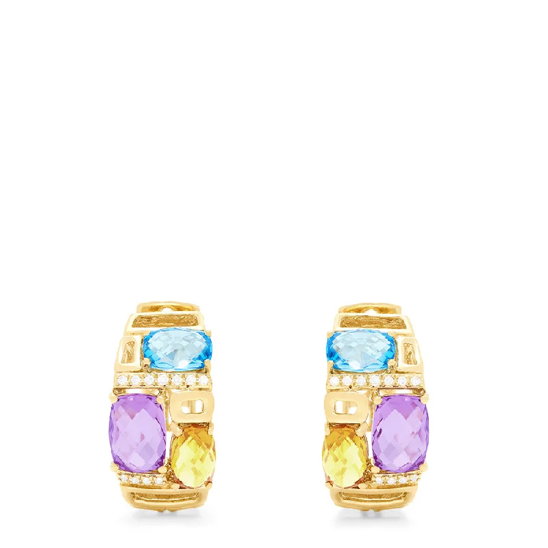 Ladies Earrings with Heart Shape-Mosaic 14K Yellow Gold Multi Color and Diamond Hoop Earrings, 4.83 TCW