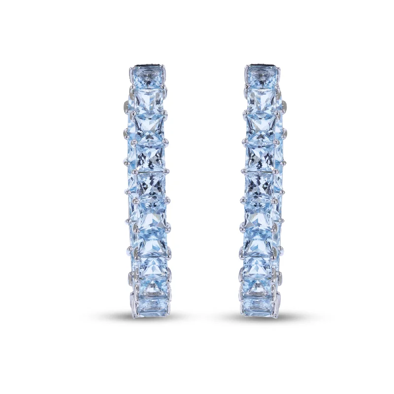 Ladies Earrings for Birthdays-18KT WHITE GOLD 13.41CTW AQUAMARINE OVAL HOOP EARRINGS