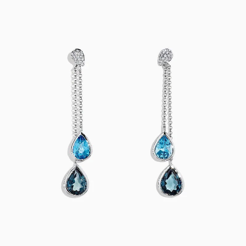 Ladies Earrings Beaded Design-Ocean Bleu 14K White Gold Blue Topaz and Diamond Earrings, 4.28 TCW