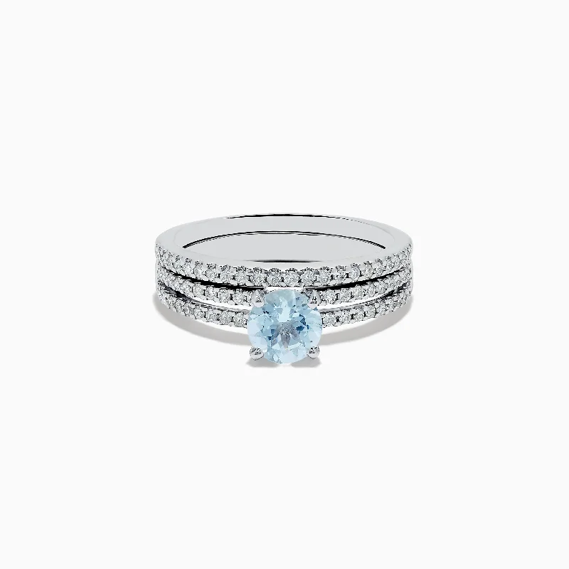 Ladies Rings Lightweight-14K White Gold Aquamarine and Diamond Ring and Band Set