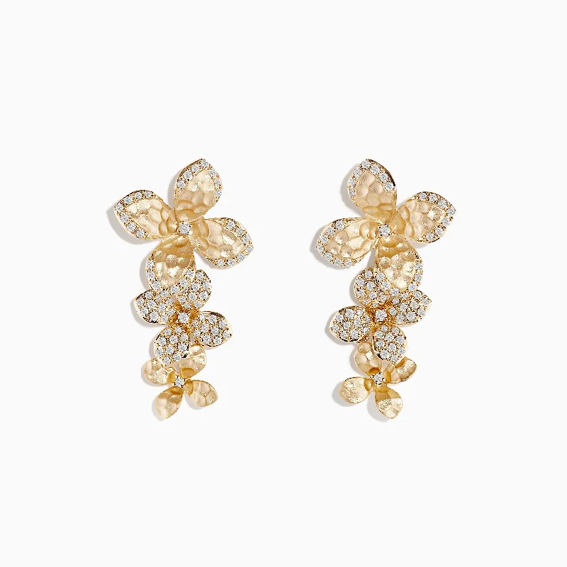 Ladies Earrings for Winter-D'oro 14 Karat Yellow Gold Diamond Flower Drop Earrings