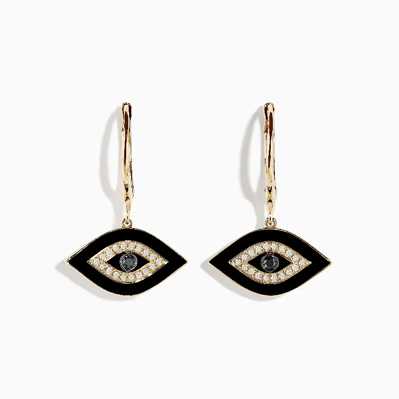 Ladies Earrings with Richterite-Novelty 14K Yellow Gold Black and White Diamond Evil Eye Earrings