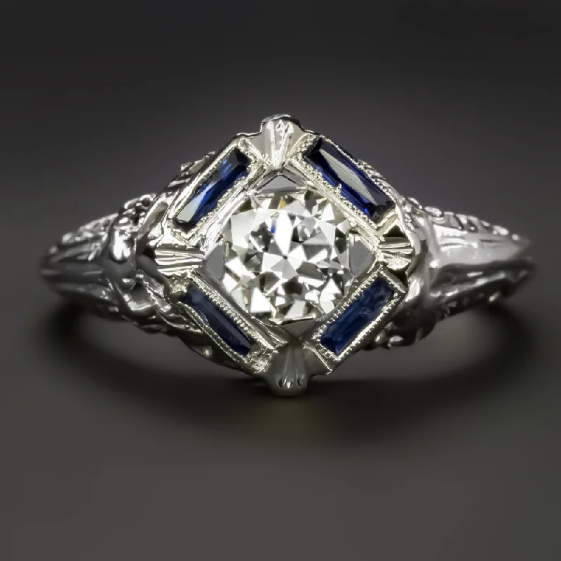 Ladies Engagement Rings Delicate Halo-DIAMOND SAPPHIRE ART DECO ENGAGEMENT RING VINTAGE GIA CERT H VS OLD EUROPEAN CUT