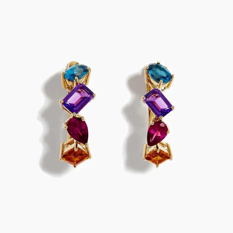 Ladies Earrings with Flowers-Mosaic 14K Yellow Gold Multi Gemstone Earrings